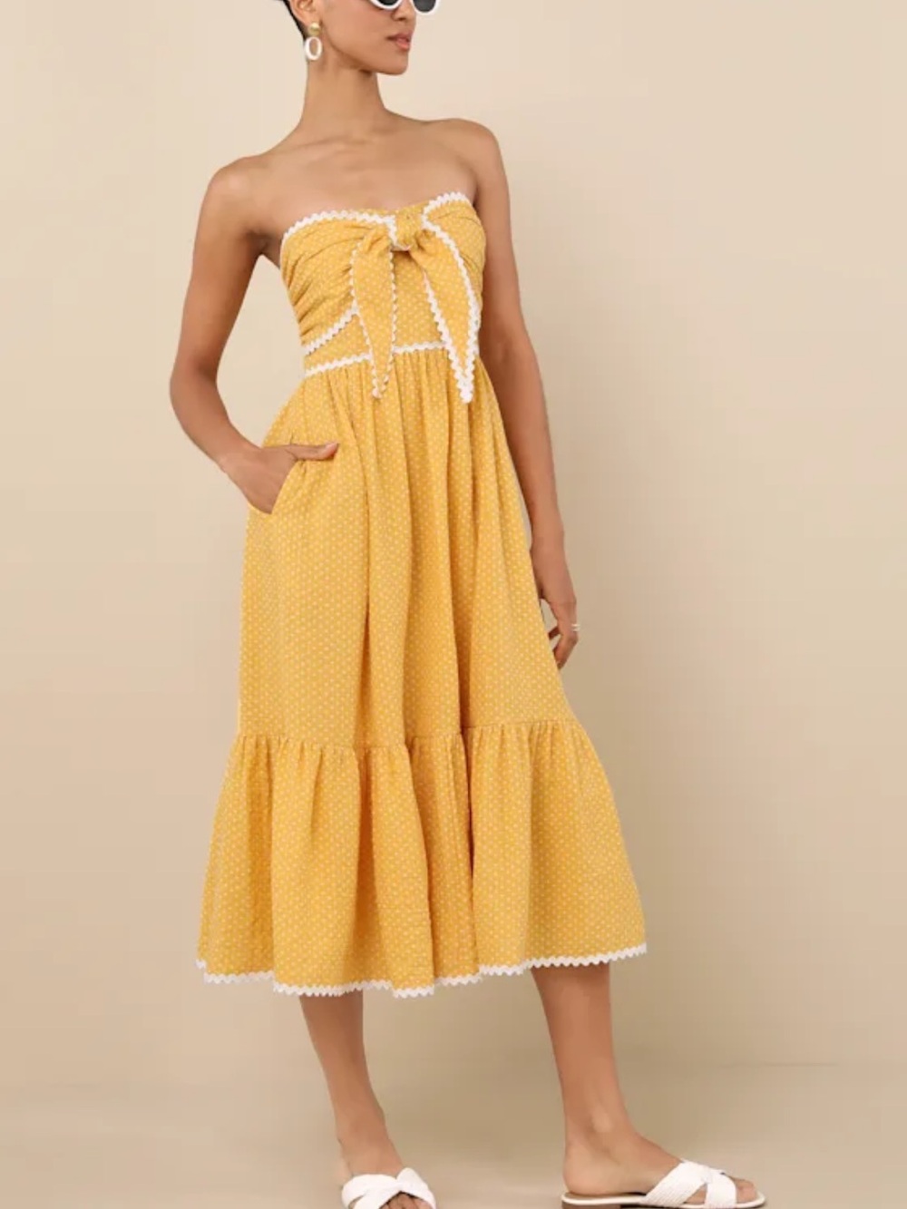 Lulu's Mustard Yellow Strapless Tie-Front Midi Dress